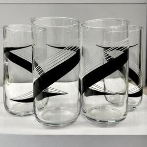 Libbey MCM Atomic Swirl Black & White Highball Glasses-Set of 4
